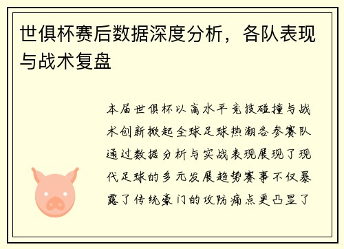 世俱杯赛后数据深度分析，各队表现与战术复盘